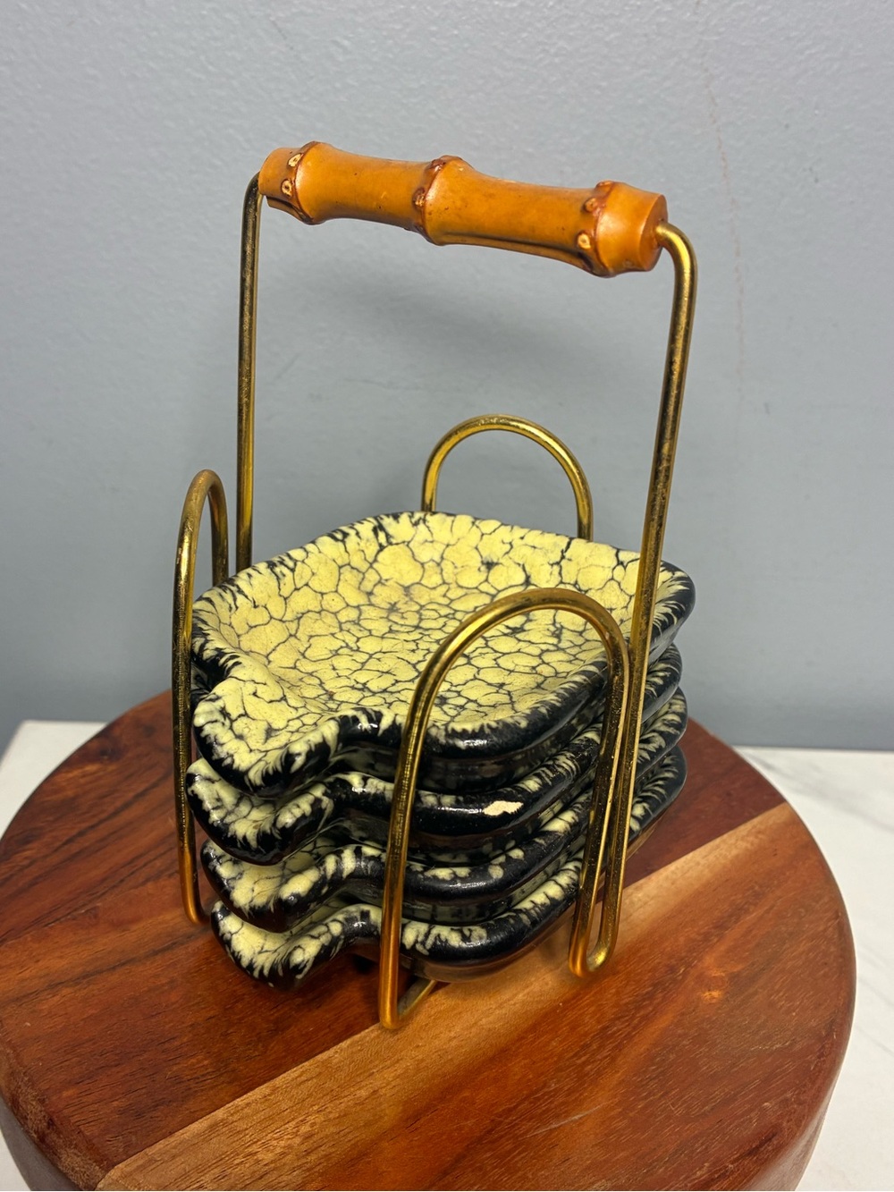 Ceramic Crackle Yellow & Black Coaster Set with Gold Rack
